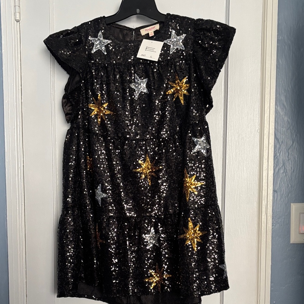 Peach Love NWT Small Black Sequin Dress with Star Accents